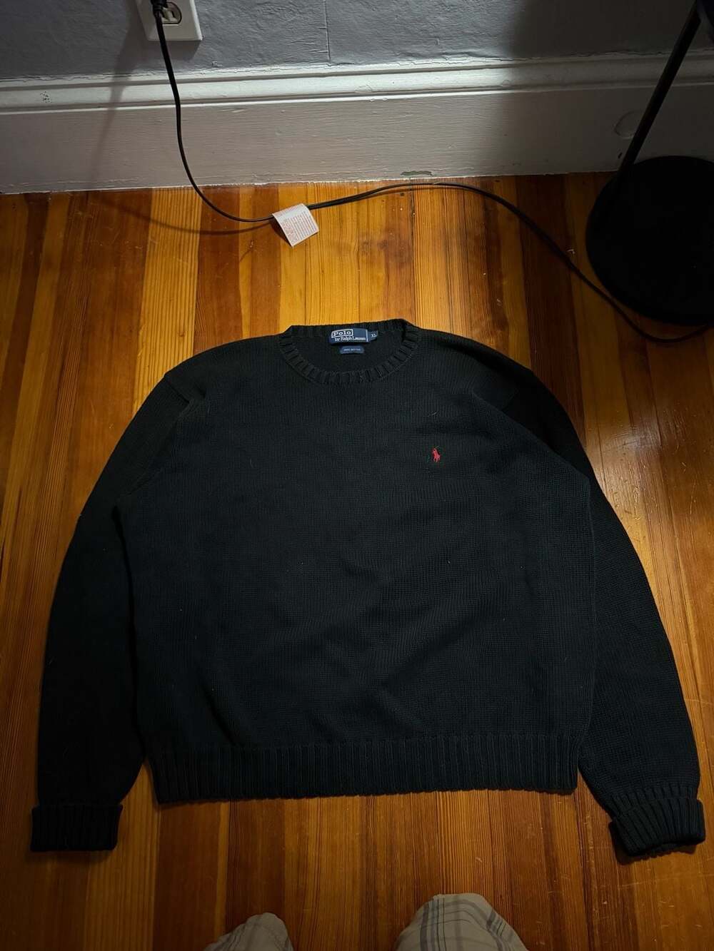 Polo Ralph Lauren Men's Crewneck Cotton Knit Sweater in Black with Red Logo